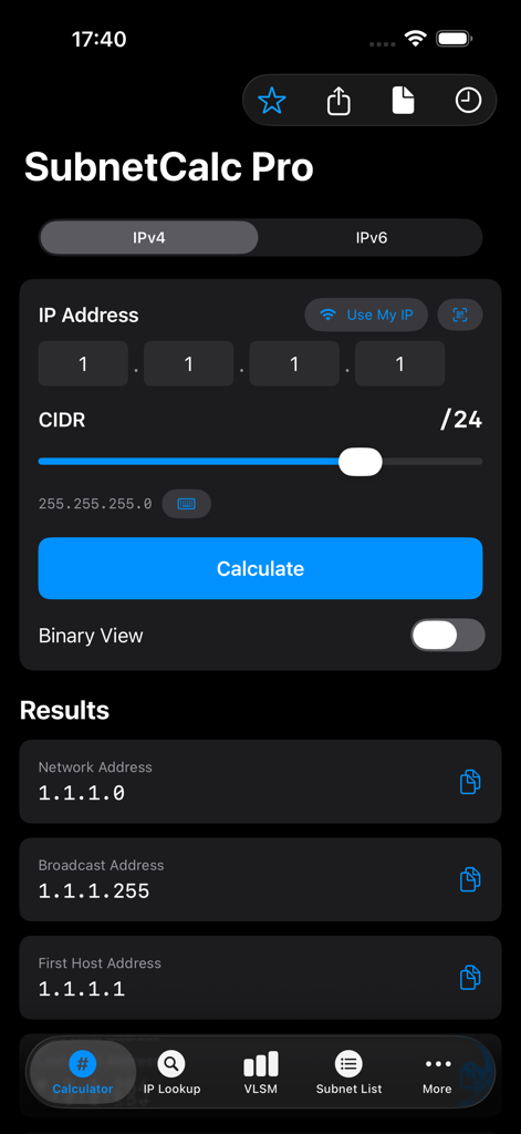 Interface of the SubnetCalc Pro app showing an IPv4 subnet calculator with network and broadcast addresses