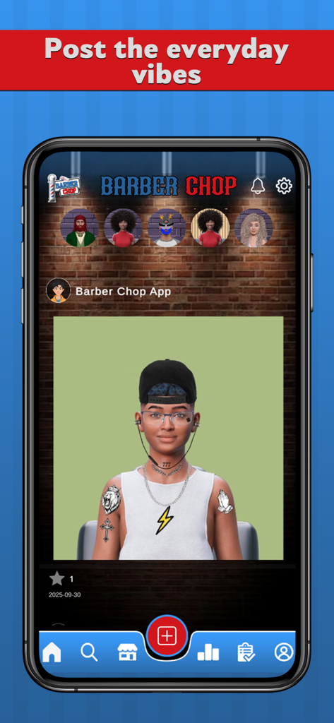 Barber Chop 2 - Barber Chop 2 app interface showing a social feed with a customized character and community posts.