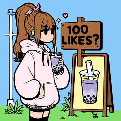 girl with oversized hoodie drinking boba and she has a high ponytail with a sign that says 10likes?