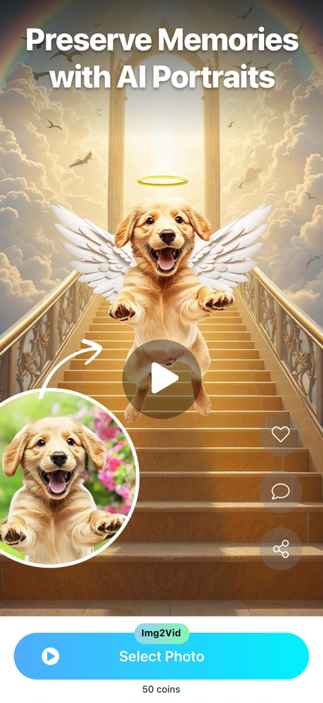 A golden retriever puppy transformed into a heavenly angel with wings and a halo using AI pet portrait software