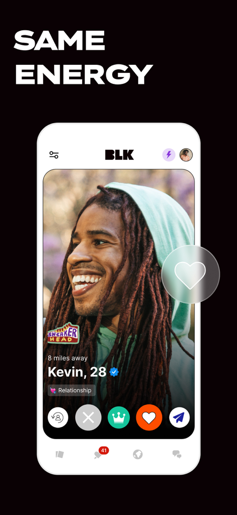 BLK: Black Singles Dating App - Interface of the BLK dating app displaying a user profile for Kevin, 28, with the text Same Energy.