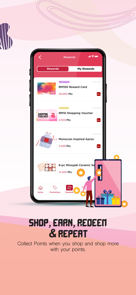MYSOGO mobile app interface showing reward redemption options and points accumulation
