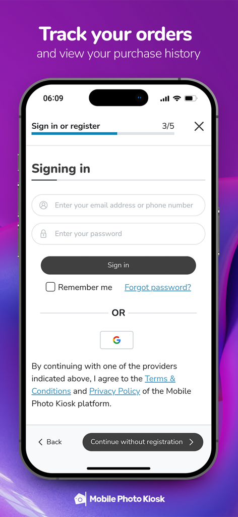 Mobile Photo Kiosk sign in and registration screen to track orders and view purchase history