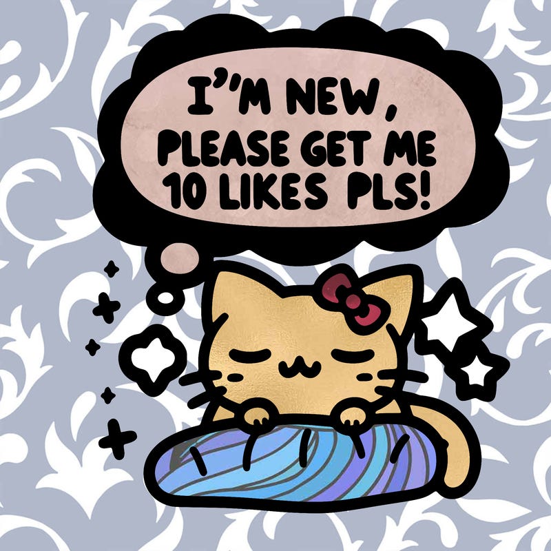 kitty taking a nap dream talking and saying "i'm new, please get me at least 10 likes pls!!"