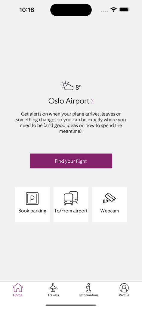 Startbildschirm der Avinor-App für den Flughafen Oslo mit Flugsuche und Reisediensten