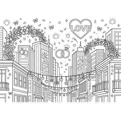 Immerse yourself in a romantic urban celebration with this captivating coloring page. Discover a digital cityscape beautifully adorned for a wedding, featuring intricate floral arches, shimmering rings, and heartfelt festive details awaiting your creative touch.