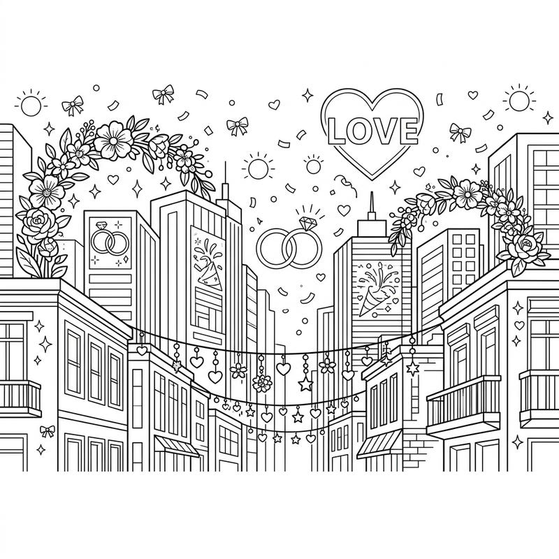 Immerse yourself in a romantic urban celebration with this captivating coloring page. Discover a digital cityscape beautifully adorned for a wedding, featuring intricate floral arches, shimmering rings, and heartfelt festive details awaiting your creative touch.