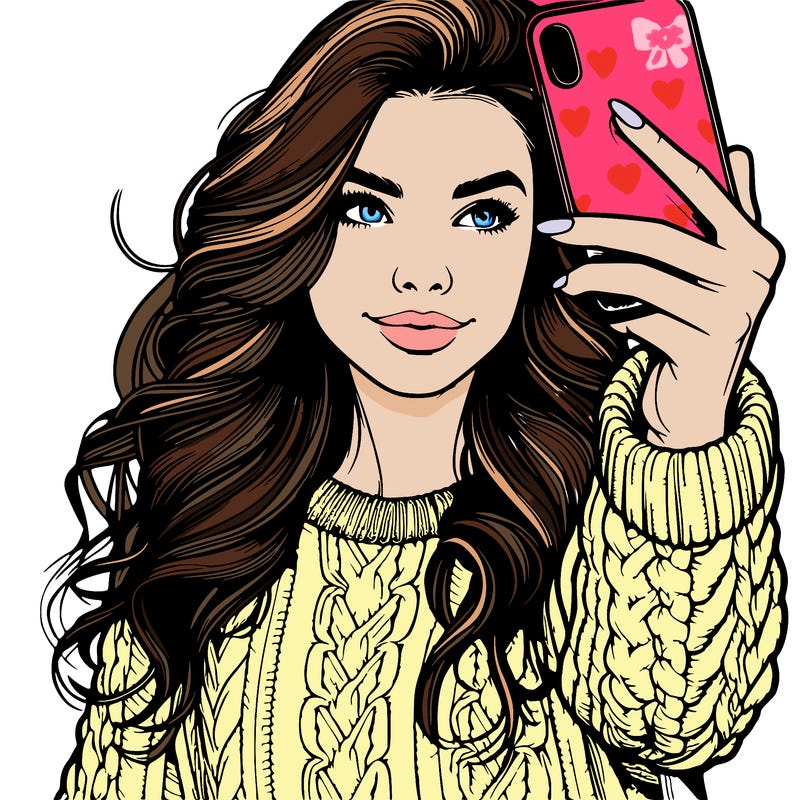 realistic beautiful girl wearing a sweater taking a selfie