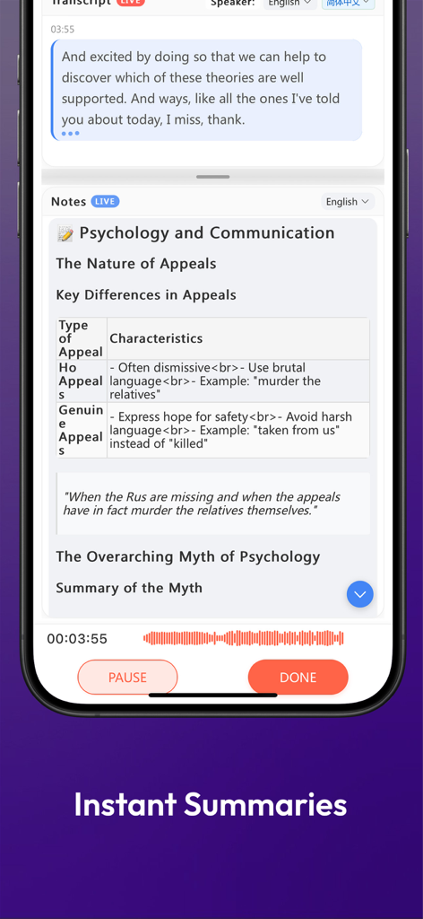 EasyNoteAI-AI Note Taker - Interfaz de la aplicación EasyNoteAI mostrando una transcripción en vivo y un resumen automático de IA de una clase de psicología