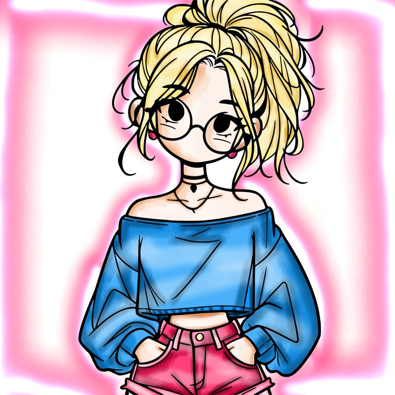 girl with a messy ponytail glasses a baggy crop top and jean shorts