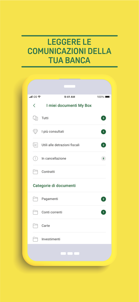 Credem Banca per imprese - Interfaz de la aplicación Credem Banca per imprese que muestra la sección Mi Caja para organizar documentos y comunicaciones bancarias empresariales.