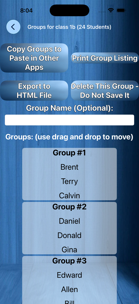 Interface showing students organized into three groups with management buttons
