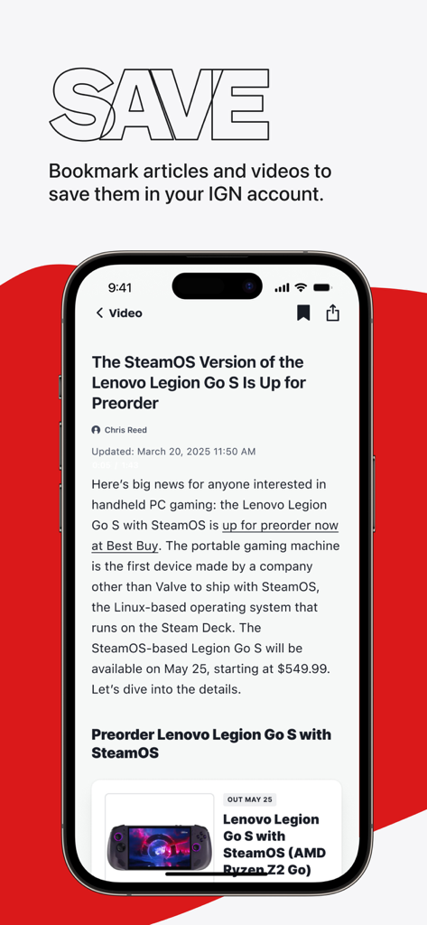 Un teléfono móvil que muestra la aplicación IGN con una opción para marcar y guardar artículos de noticias