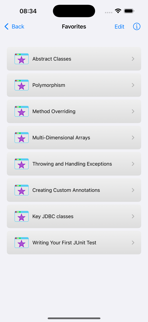 Learn Java Programming Pro - Favorites screen in the Learn Java Programming Pro app showing a list of bookmarked topics including Polymorphism and JDBC classes.