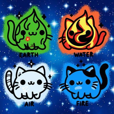 4 cats that represent the different elements, earth, water, air, and fire