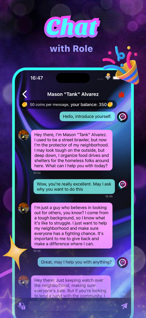 Screenshot of the Goop app chat interface with an AI character named Mason Tank