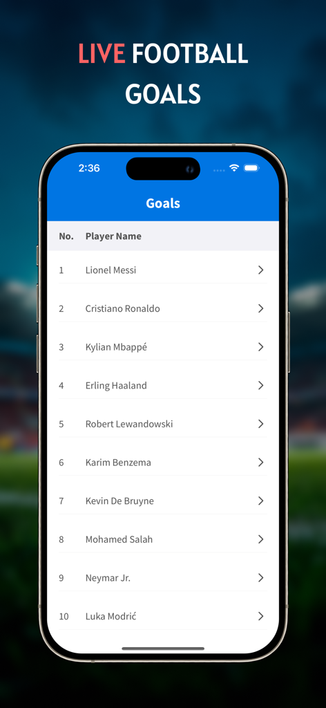 Live Football TV: Live Matches - Smartphone screen displaying top football goal scorers in the Live Football TV app