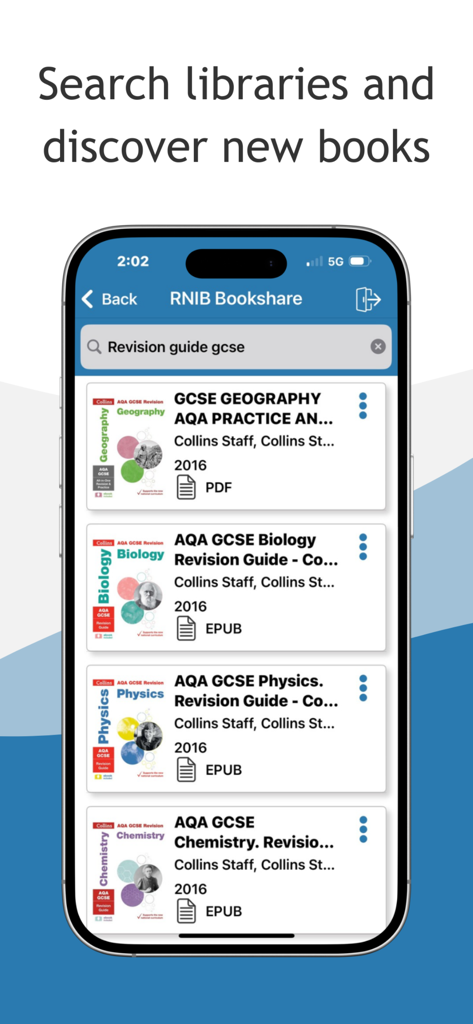 Smartphone screen showing Dolphin EasyReader app searching the RNIB Bookshare library for GCSE revision guides.