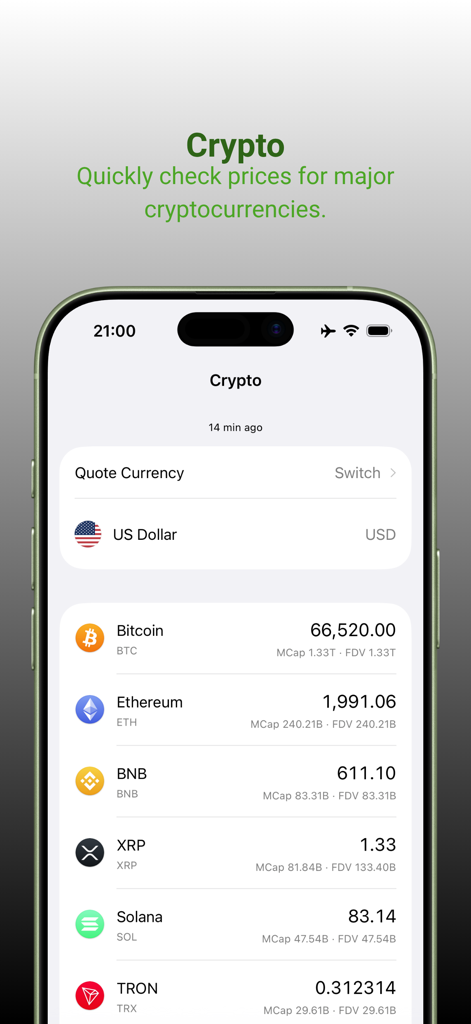 MyRate - Exchange Rates - A mobile app screenshot showing real-time cryptocurrency prices for Bitcoin, Ethereum, and other major coins in US Dollars.