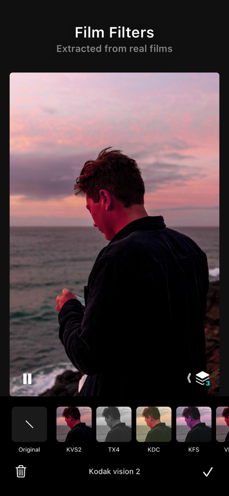 Liit - Photo & Video Editor - Liit app interface showing vintage film filters applied to a photo of a man at sunset by the ocean