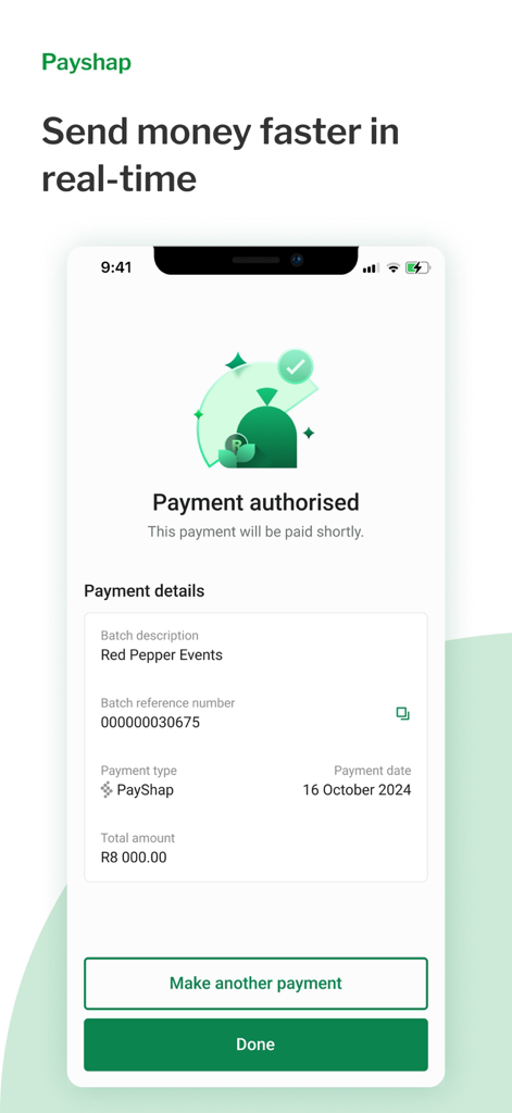 Payment authorized confirmation screen in the Nedbank Business Hub app