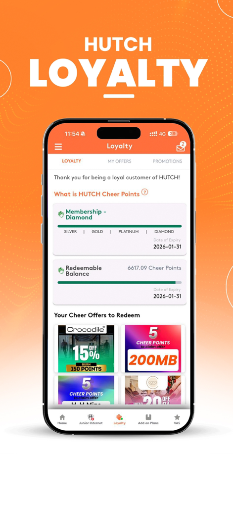 Painel de fidelidade do Hutch App mostrando o status de membro Diamond e recompensas Cheer Points