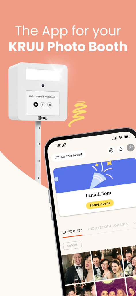 KRUU - Eine KRUU Fotobox neben einem Smartphone, das eine digitale Galerie für eine Hochzeit anzeigt