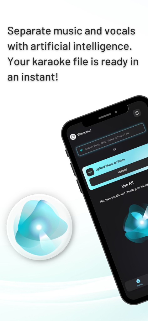Interfaz de la aplicación Vocal Remover AI mostrando opciones para subir música y crear pistas de karaoke