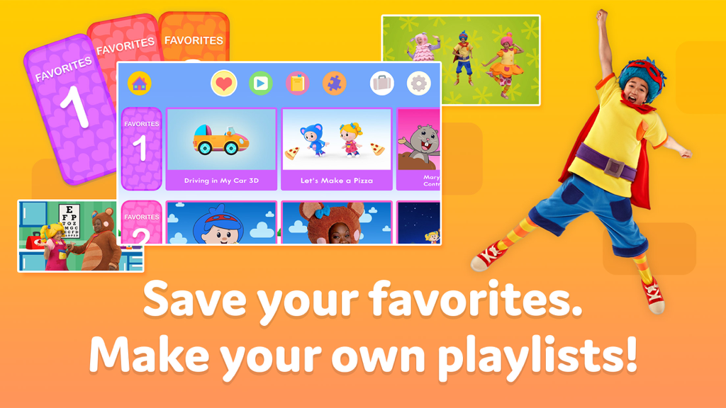 Interface do aplicativo Mother Goose Club Rhymes mostrando um menino fantasiado e a opção de salvar vídeos favoritos em playlists