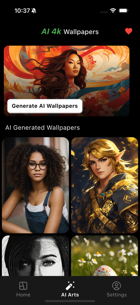 4K Wallpapers HD Background - Interfaz de la aplicación que muestra fondos de pantalla 4K generados por IA y un botón para generar nuevos