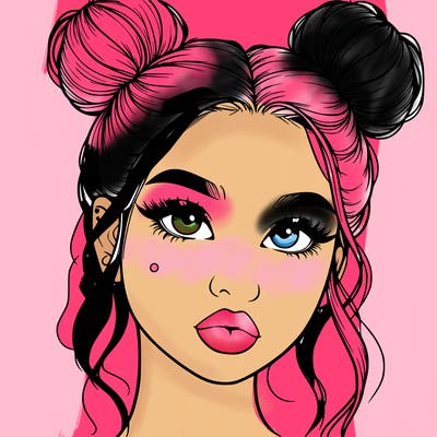 realistic girl with two buns on her hair and lips