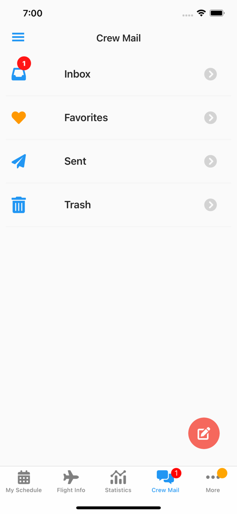 eCrew - The Crew Mail screen of the eCrew mobile application displaying email folders for airline personnel