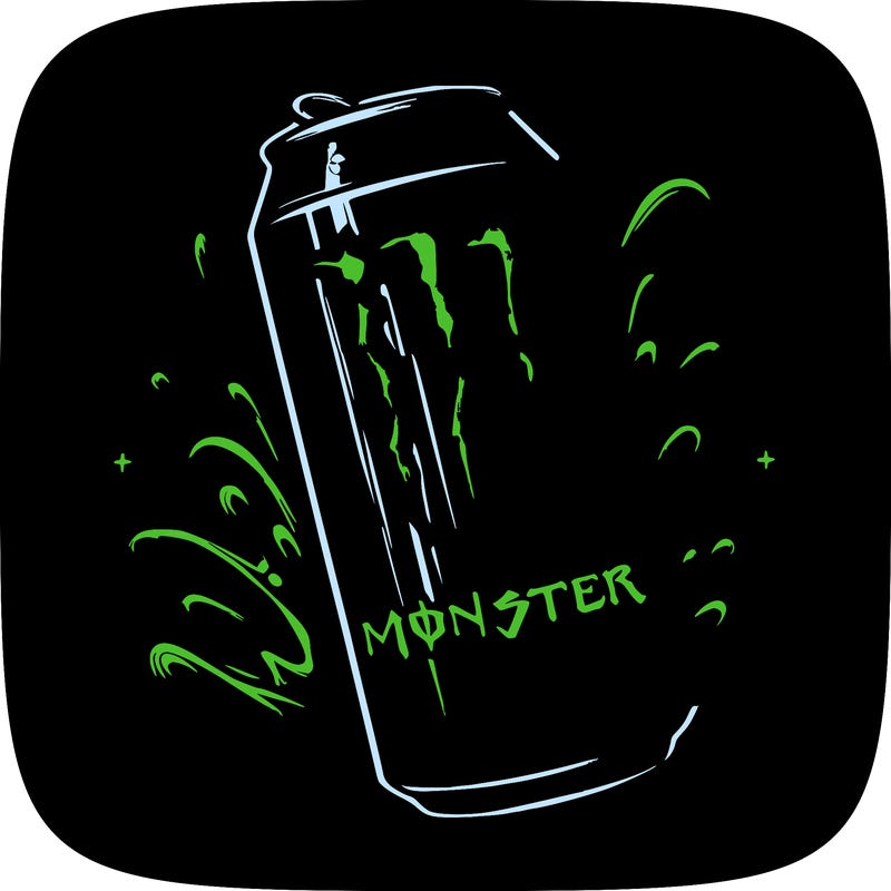 monster energy drink, blue color, monster energy logo is green and background is black
