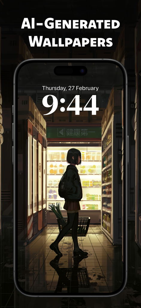 iPhone lock screen showing an AI-generated anime wallpaper of a girl walking in a convenience store aisle