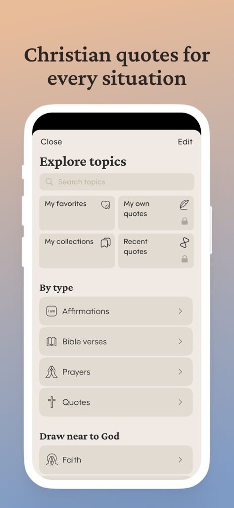 Bible Widgets: Verses & Prayer - Explore topics screen with categories for Bible verses prayers and affirmations