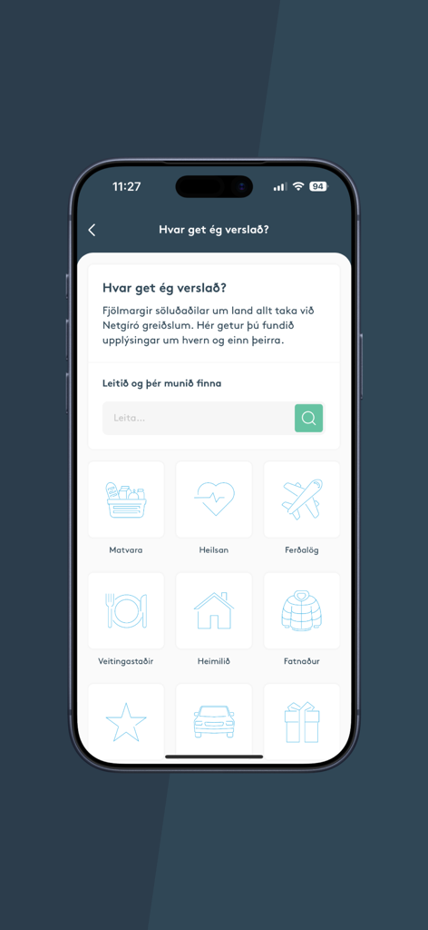 Netgíró - Netgiro mobile app interface displaying a search bar and icons for shopping categories like groceries health and travel
