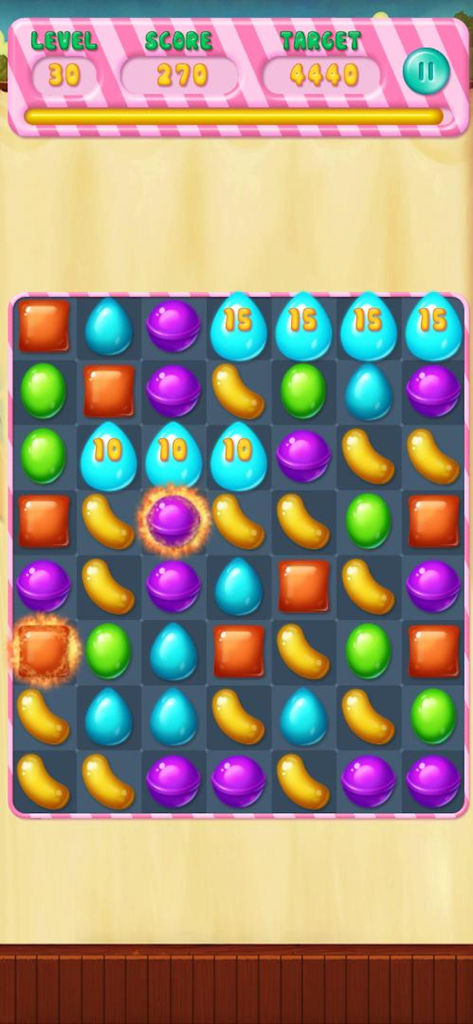 Candy Rescue Frenzy マッチ3パズルゲームレベル30のゲームプレイ。カラフルなキャンディーと目標スコアを表示。