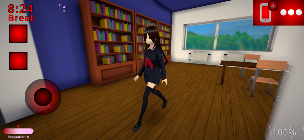 An anime student character walking through a high school library in the game Ai To Noroi