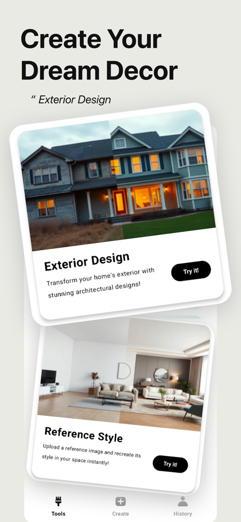 Interior AI: AI Home Designer - Interior AI 앱 화면으로 외부 주택 디자인과 내부 참조 스타일을 보여줌.