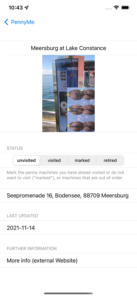 PennyLocator - A screenshot of the PennyMe app displaying information about a specific pressed penny machine with options to mark it as visited or retired.