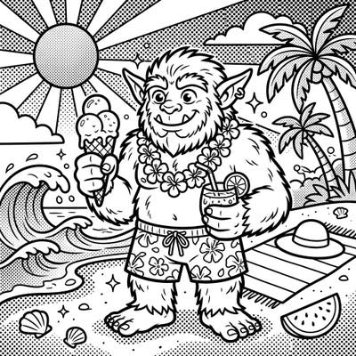 Get ready for a vibrant summer with this unique Pop Art bugbear coloring page! Watch this hairy, friendly creature enjoy a sunny beach day, complete with ice cream and tropical drinks, all presented in a dynamic graphic style.
