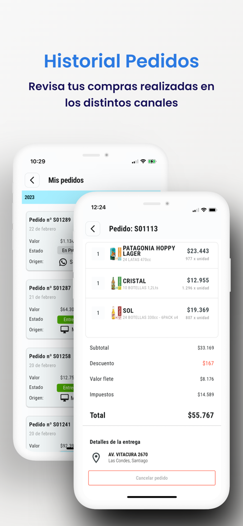 Mi Carro CCU - Interfaccia dell'app mobile Mi Carro CCU che mostra la cronologia degli ordini e i dettagli di acquisto per l'approvvigionamento all'ingrosso di bevande
