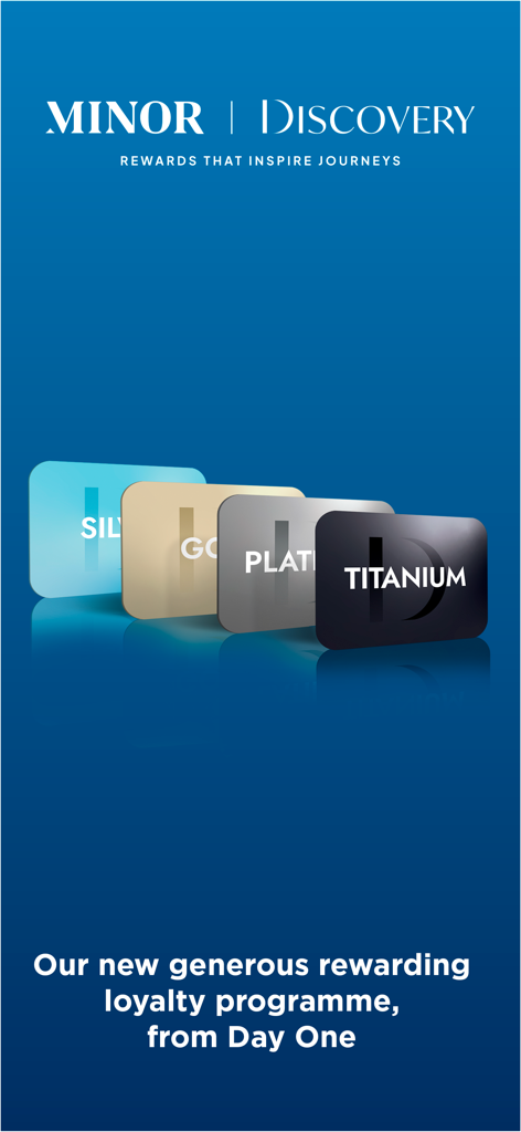 Membership cards for the Minor DISCOVERY loyalty program showing Silver Gold Platinum and Titanium tiers