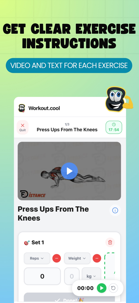 Un écran de l'application Workout.cool montrant des instructions vidéo et textuelles pour un exercice de pompes sur genoux avec un suivi des séries