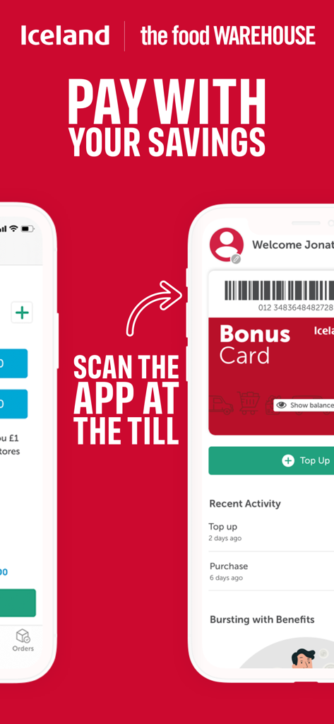 Iceland Bonus Card - Écran de smartphone montrant l'application Carte Bonus Iceland avec un code-barres numérique à scanner à la caisse du magasin.