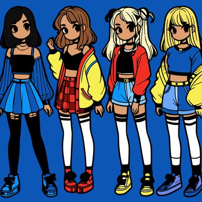 one girl with crop-top shirt and a jacket with a skirt, long socks and another girl with a shirt and pants with a jacket