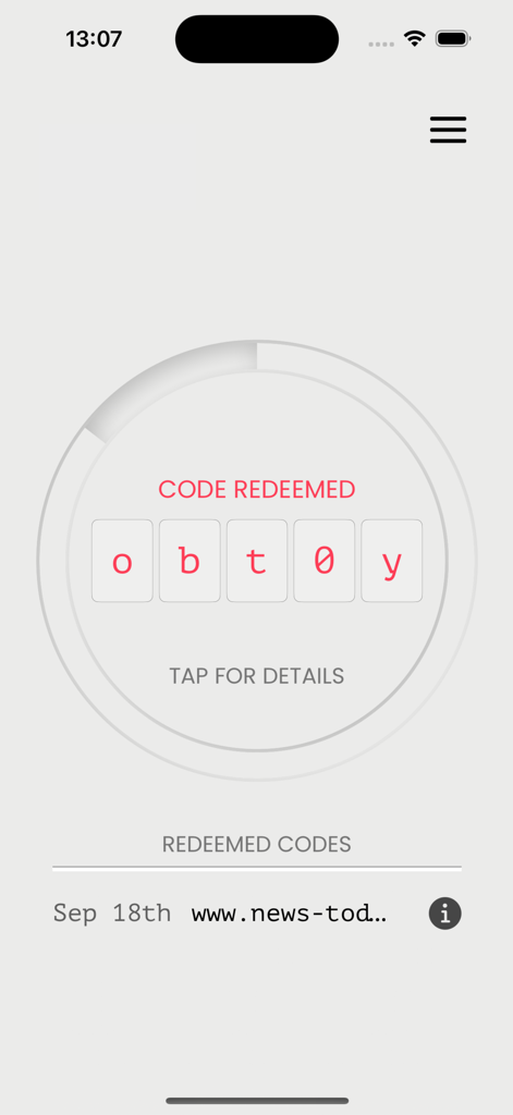 Unlock-r app screen showing a redeemed five-character security code with a minimalist circular timer and history list.