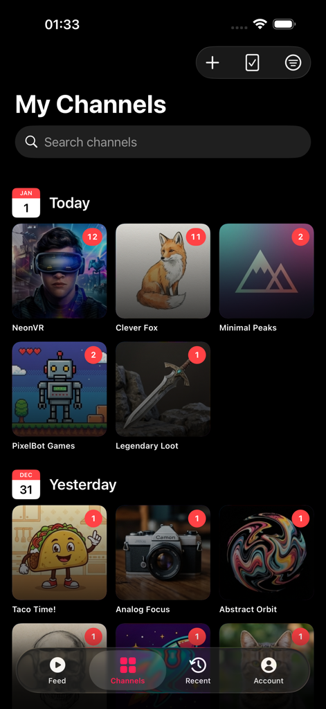MeTube - Your Channels Only - Écran de l'application MeTube montrant la liste Mes chaînes avec des badges de notification pour les nouvelles publications organisées par date