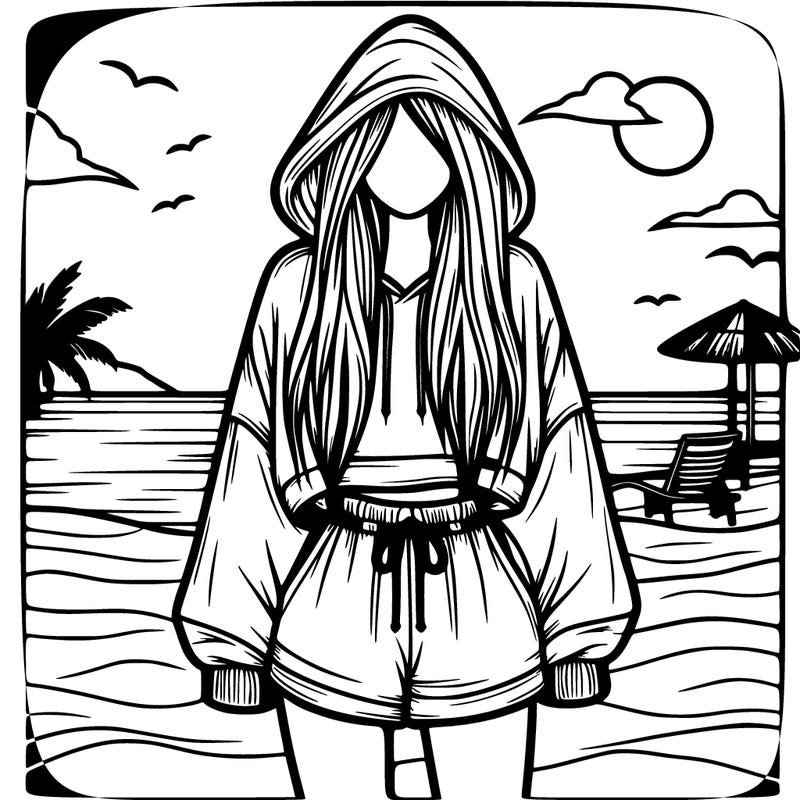 relistic girl in a oversized hoodie with long hair and shorts at the beach