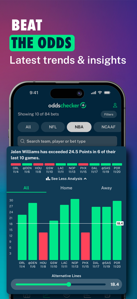 Oddschecker+ AI Betting Tools - Oddschecker plusアプリのインターフェース。NBAプレイヤ―プロップのトレンドと過去のパフォーマンスデータを表示